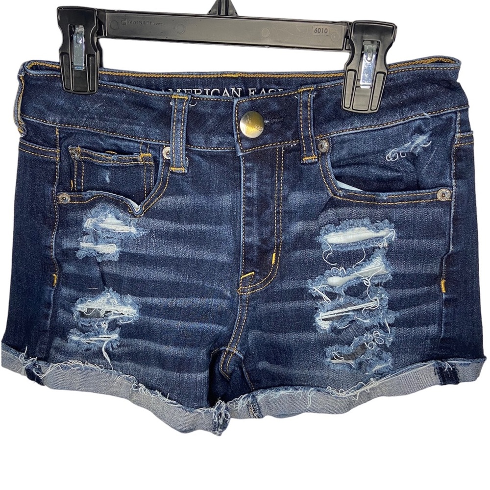 American Eagle Outfitters Denim Hi-Rise Shorties-Like New Dark Blue Distressed